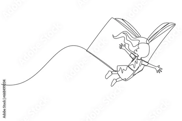 Fototapeta Single one line drawing the brave girl flying with wings that come from an open big book. Metaphor carried away with the storyline. Constructive fantasy. Continuous line design graphic illustration