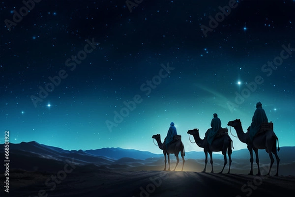 Obraz Silhouette of Three wise men riding a camel along the star path. To meet Jesus at first birth.