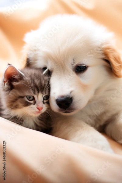 Fototapeta Cute portrait of a kitten with a puppy. Generative AI,