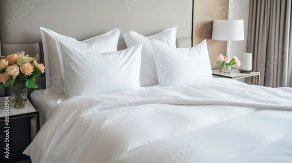 Obraz Hotel room white beds. Generative AI,