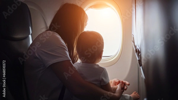 Fototapeta Joyful mother shows view from plane window to toddler girl. Child cradled in arms of mother as family embarks on memorable vacation together, sunlight
