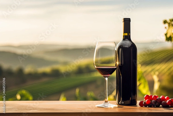 Fototapeta Red wine bottle mock up without label, glass, promotion, advertising, vineyards at sunset