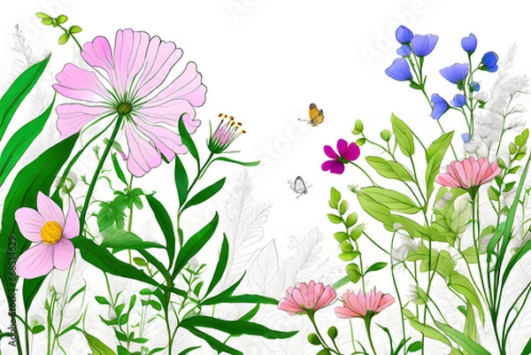 Fototapeta Wildflowers bloom and the wind blows in the clear sky. It's a beautiful scenery. Generative AI.