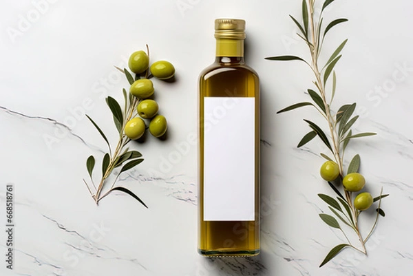 Fototapeta Mock up with plump green olives and bottle of premium olive oil