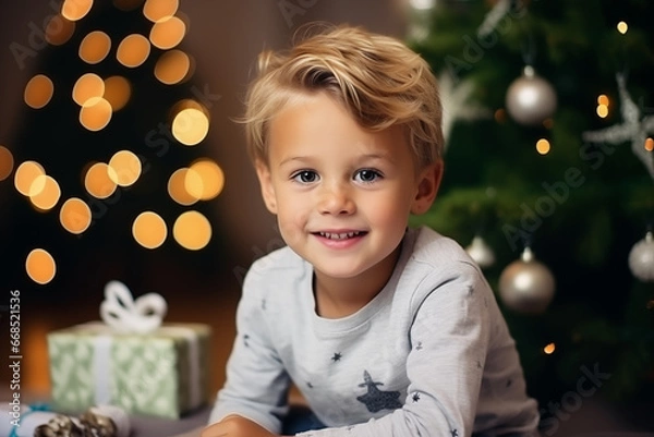 Fototapeta a young boy holding a present box in front of a christmas tree
