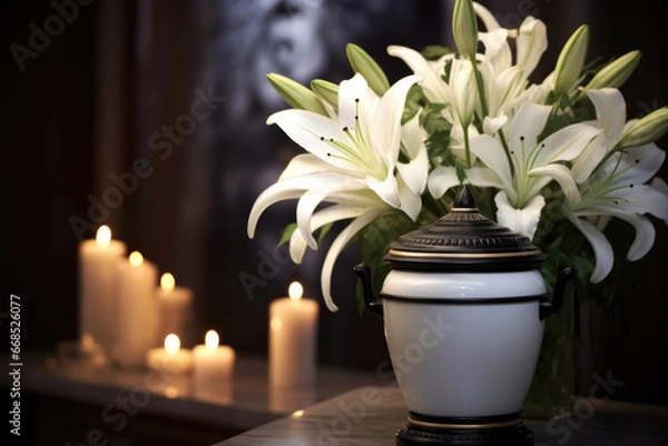 Obraz White cremation urn with white lilies, church background and burning candles. Urn with ashes and white flowers.