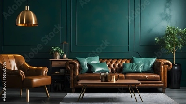 Fototapeta Living room with leather sofa and decoration room on empty dark green wall. Generative AI