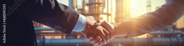 Fototapeta Oil pump. Engineers handshake. handshake oil contract. handshake worker and businessman shaking hands against the backdrop of an oil pump. oil extraction business concept.