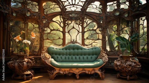 Fototapeta Art Nouveau home interior Living room, Marked by flowing lines, organic shapes, and ornate detailing, often seen in decorative arts, architecture, and furniture from the late 19th century