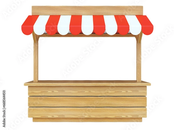 Obraz Market stall with striped red and white awning, wooden counter, kiosk, stand, 3d rendering