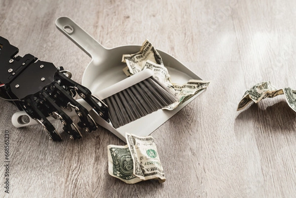 Fototapeta Robotic hand wielding a dustpan and brush, meticulously sweeping up one-dollar bills
