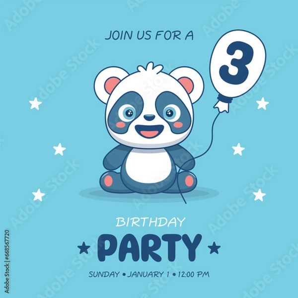 Fototapeta Cute baby boy panda. Birthday invitation for 3 year. Vector illustration