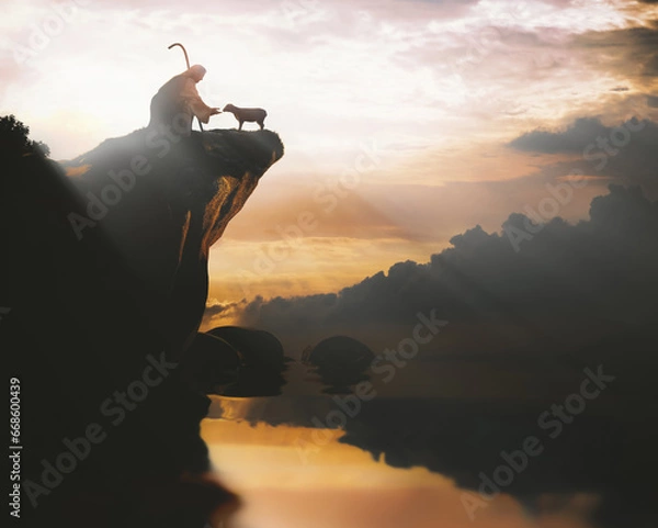 Obraz The love of Shepherd Jesus Christ, who saves lambs from the edge of a high cliff, extends his hand and helps sheep in crisis and danger.
