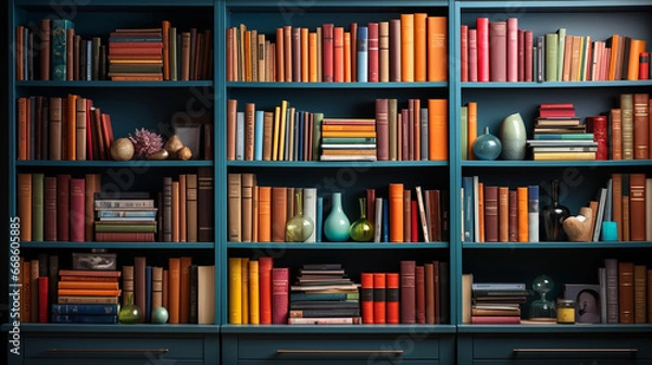 Fototapeta Multi colored books in bookshelf.