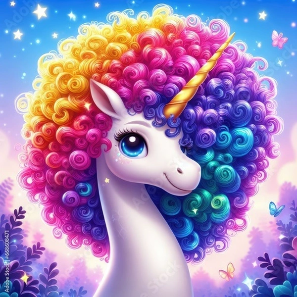 Obraz a fabulous unicorn with colorful hair, a magical forest with a cute hero