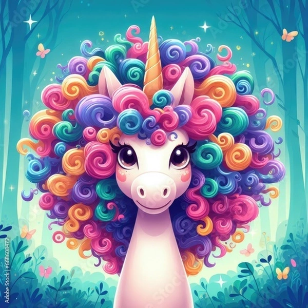 Obraz a fabulous unicorn with colorful hair, a magical forest with a cute hero