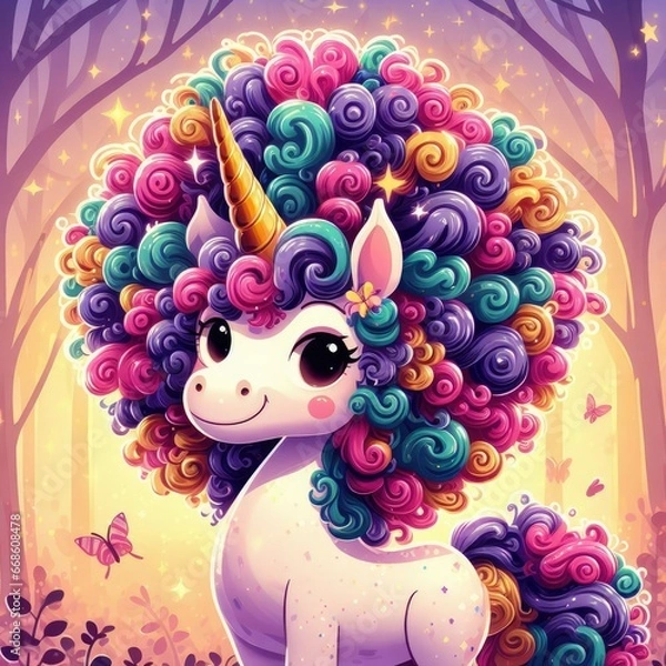Obraz a fabulous unicorn with colorful hair, a magical forest with a cute hero