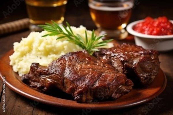 Fototapeta juicy ribs with a side of mashed potatoes