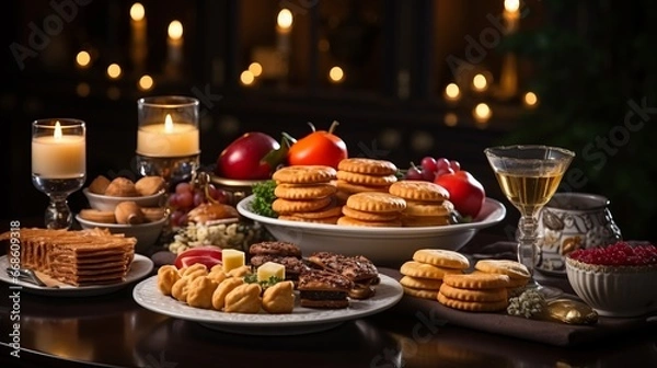 Fototapeta Serve a plate of snacks and crackers. Table full of dishes with cheese and meat food for a party. Serving catering for a feast.
