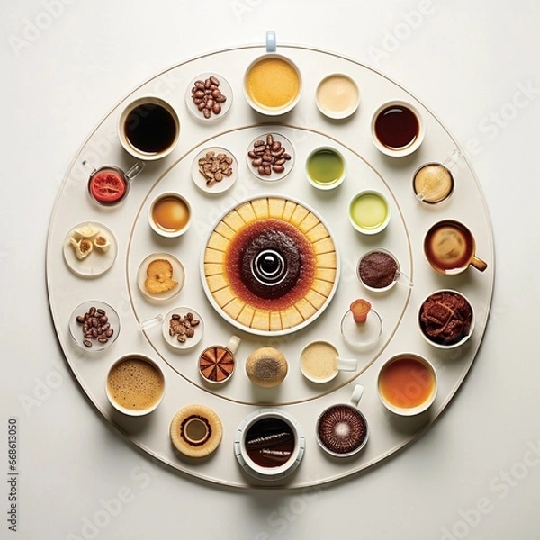Obraz a variety of food and seasonings, many cups arranged in the form of a clock,