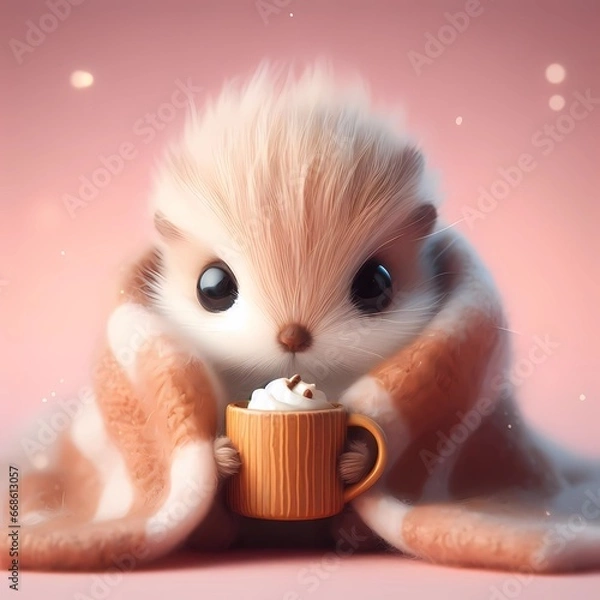 Fototapeta cute squirrel wrapped in a blanket with a cup of tea