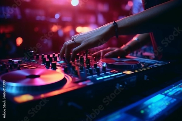 Fototapeta Female DJ Mixing It Up: Hands on the Mixer Table