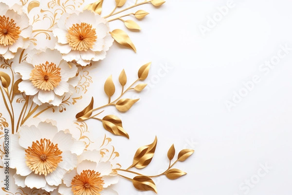 Fototapeta Paper cut flowers and leaves, Fresh spring nature background. Floral banner, poster, flyer template with copy space.