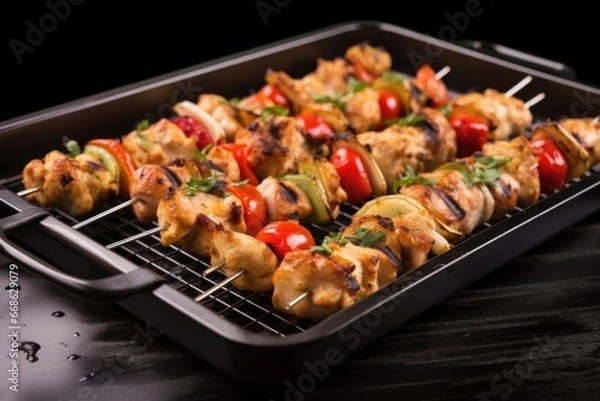 Fototapeta chicken skewers on a grill pan with char marks