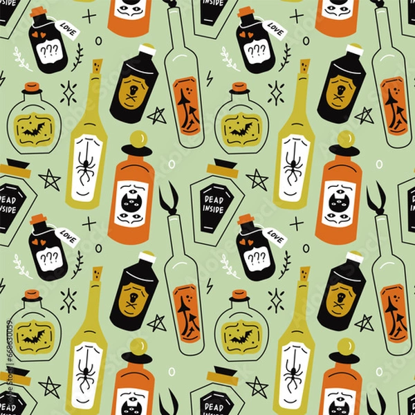 Fototapeta Vector seamless pattern with mysterious halloween potions on green background. Modern design for fabric and paper, surface textures. 