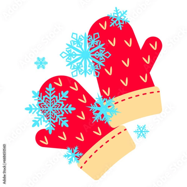 Fototapeta Red warm winter mittens and falling blue snowflakes isolated on a white background. Design element for greeting cards, textiles, wrapping paper, posters, seasonal decor