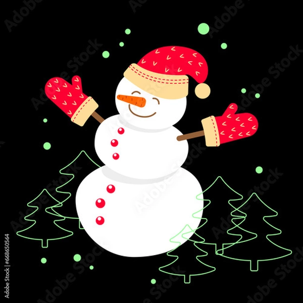 Fototapeta Cheerful white snowman in a red hat and mittens isolated on a black background with Christmas trees. Design element for holiday cards, posters, covers, packaging, textiles, seasonal decor