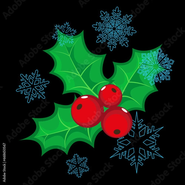 Fototapeta Red holly berries with leaves and blue snowflakes isolated on black background. Design element for greeting cards, textiles, wrapping paper, posters, seasonal decor
