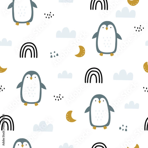 Fototapeta Seamless pattern for kids cute penguin background with clouds and rainbow. Designs used for print, wrapping paper, baby clothes, textile vector illustration