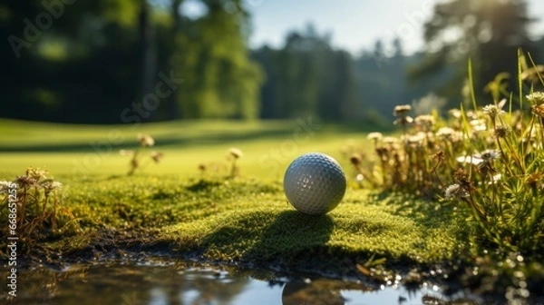 Fototapeta Golf course with ball close up. Generative AI.