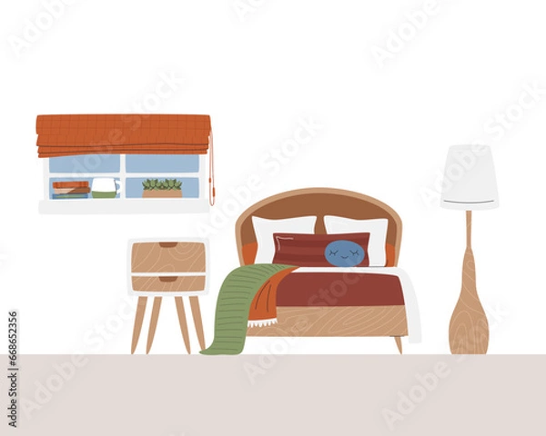 Fototapeta Cute interior design with single bed. Children's resting room. Window full of books and mug of tea. Elegant floor lamp on side of bed. Teen bedroom hand drawn flat vector illustration with copy space