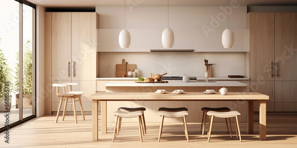 Fototapeta modern open plan kitchen in a modern home, design boasts a sleek, minimalist style with a large countertop, white cabinetry and bright windows