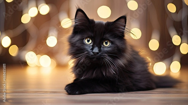 Fototapeta Cute cat sitting, fairy lights around the cat, bokeh background, cat banner 