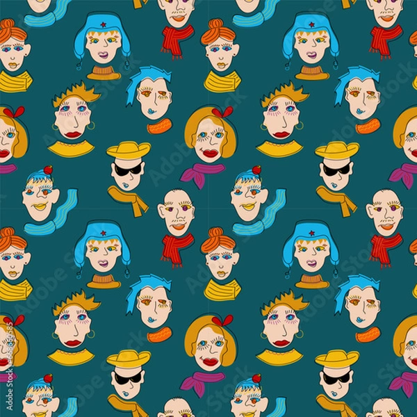 Fototapeta Abstract comic faces seamless pattern. Human portraits vector illustration