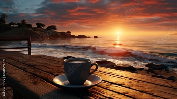Fototapeta Sunrise at beach with coffee. Generative AI.