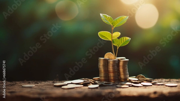 Fototapeta green plant growing from a stack of coins on a business table, representing the concept of sustainable financial growth, positive outcomes and good financial decisions 