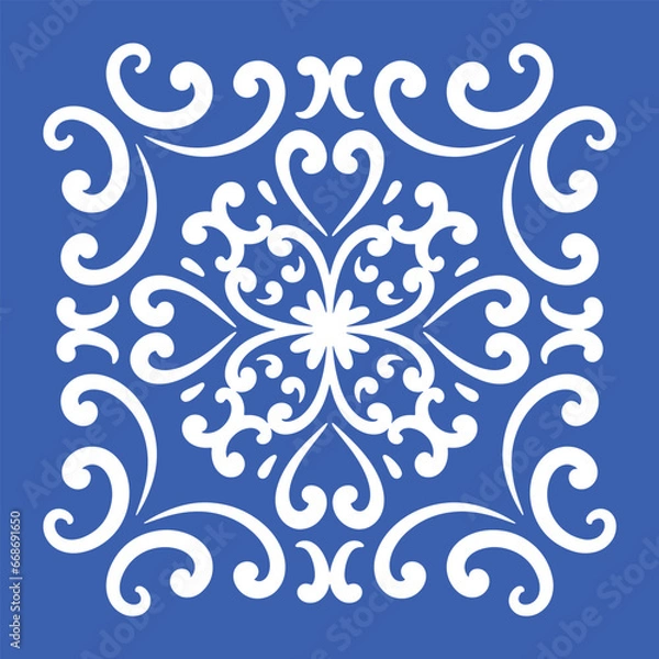 Fototapeta Pattern blue and white. Winter decor, snowflakes,christmas decor. Seamless pattern tile with Victorian motives.Ceramic tile in talavera style. Ornamental blue and white patterns for any decor.