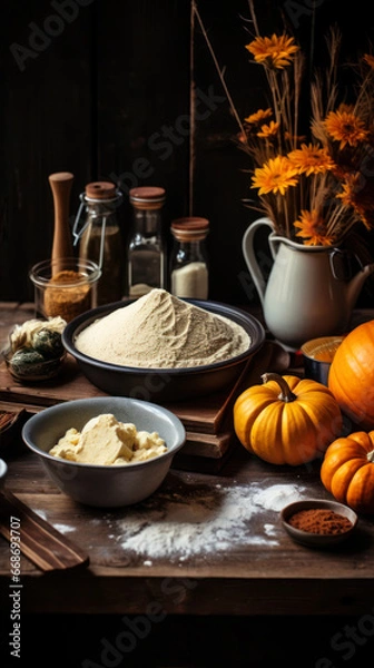 Obraz pumpkin flour and ingredients for cooking on a dark wooden background