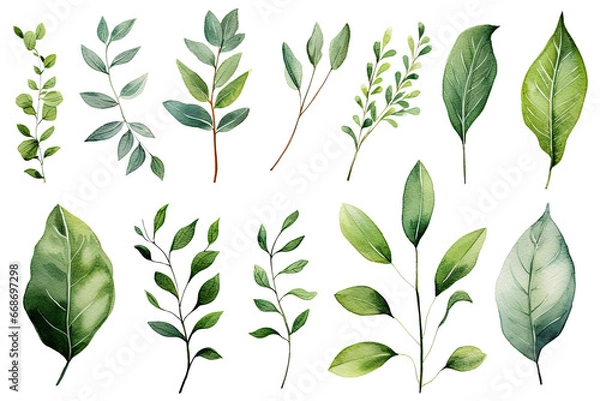 Fototapeta Set of Watercolor Tropical spring green leaves elements set isolated on transparent background, bouquets greeting or wedding card invitation, decoration clip art mock up.