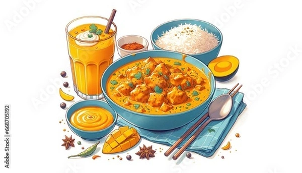 Obraz Chicken Curry and Mango Lassi Illustration - Authentic Indian Cuisine Artwork