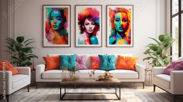 Fototapeta Modern living room with table, plants, picture on the wall, furniture, couch and chairs, mock-up | Generative AI