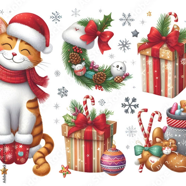 Obraz Vector Christmas Cat Illustrations. Collection of Kawaii Isolated Christmas Pet Art for Stickers. genrative AI