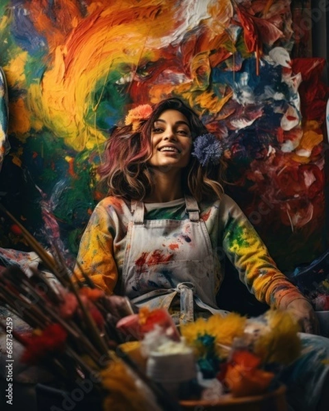 Fototapeta A woman sitting in front of a vibrant painting, admiring its colors and brushstrokes.