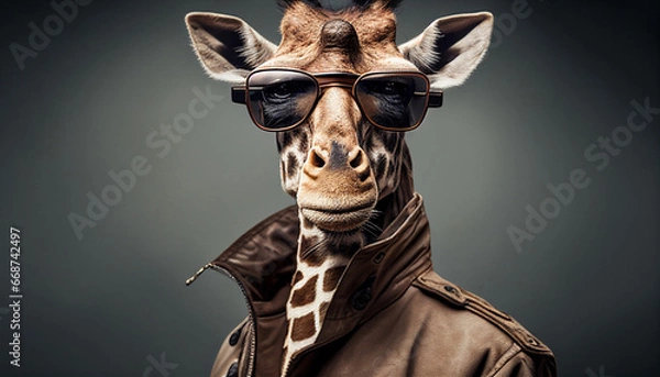 Fototapeta Giraffe als Chef mit Mantel lustige skurrile Tiere Charakter chefposition Vorgesetzter Vorstand Kommunikation Stärke beweisen Vorstellungsgespräch Generative AI 