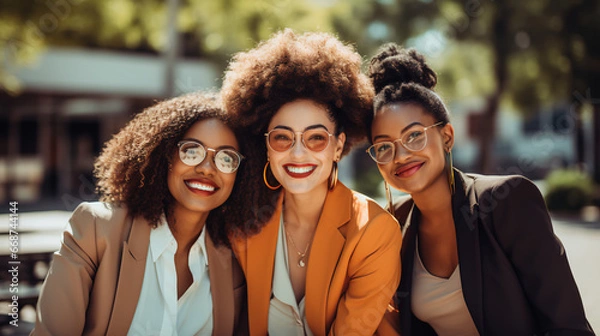 Obraz Photo of three black teeange girls, wearing trendy clothes, sitting on a bench in a park, summer