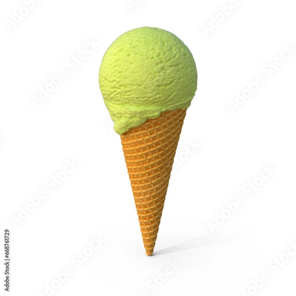 Fototapeta Green round scope Ice cream with wafer cone  on a white background, 3D rendering